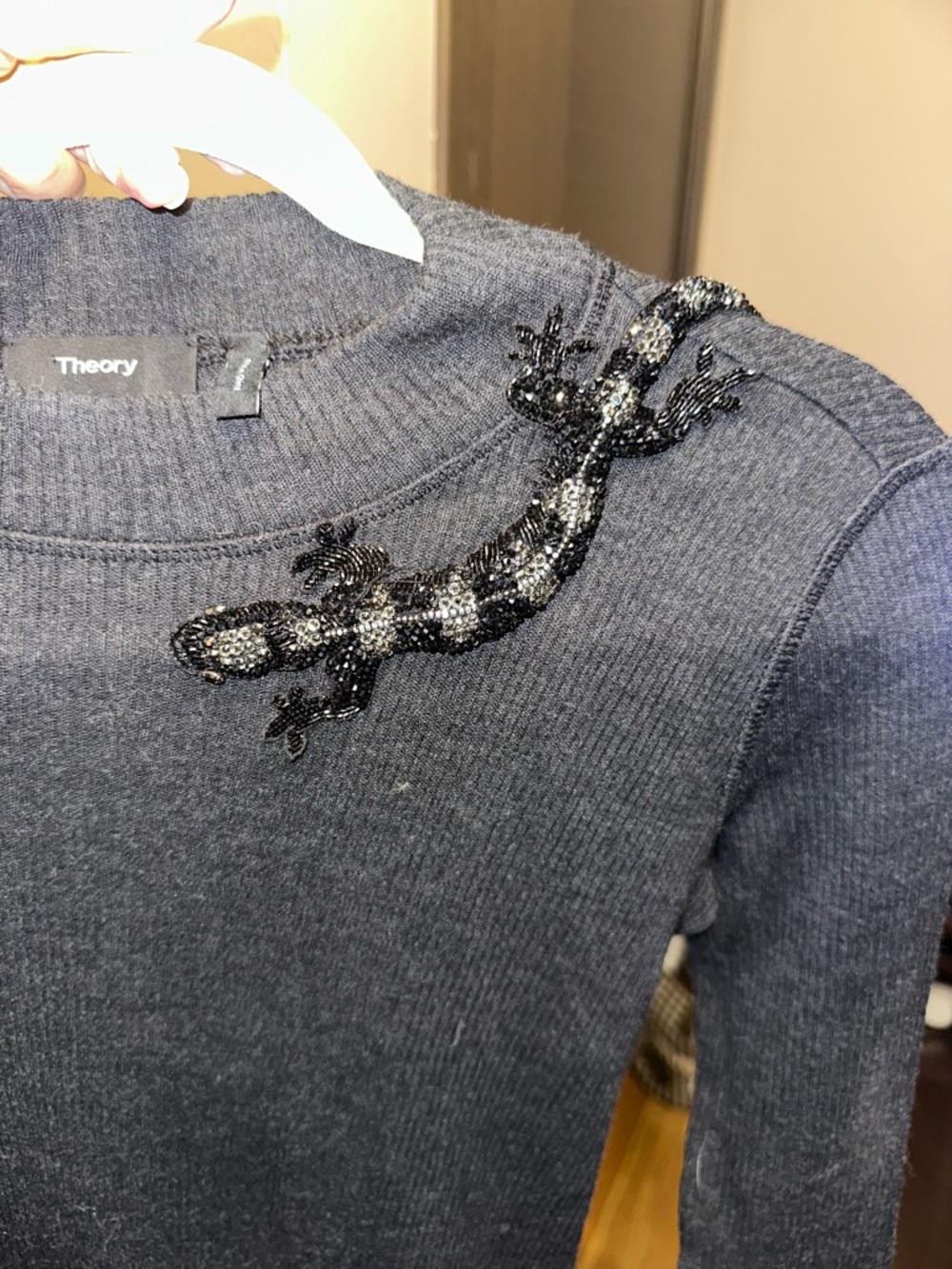 Theory  wool Black Ribbed Top with Beaded Accent size  XS